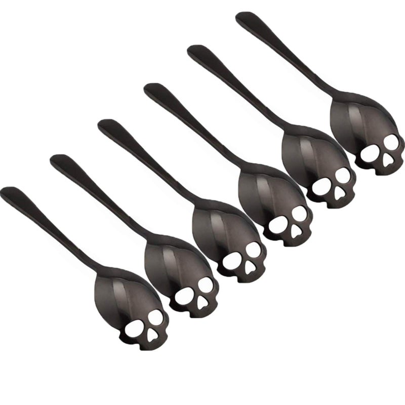 CILEONBE 304 Stainless Steel Skull Sugar Spoon Dessert Tea Coffee Stirring Spoon Set of 6 (Black) - Image 1